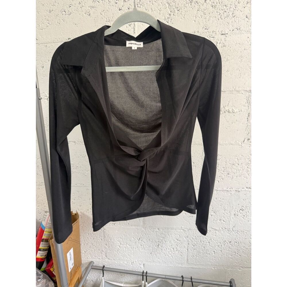 SUPERDOWN - Black Long-Sleeve Low Cut Twist Sheer Collared Top - Size Small